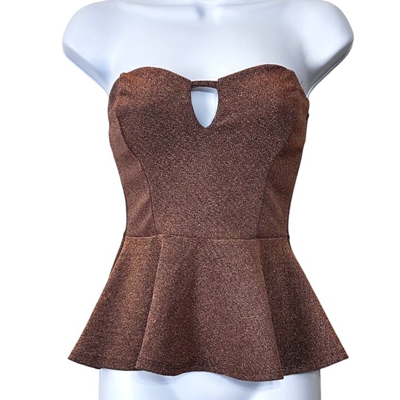 Charlotte Russe Tops - Charlotte Russe Womens XS Bronze Metallic Strapless Peplum Top Y2K Coquette Club